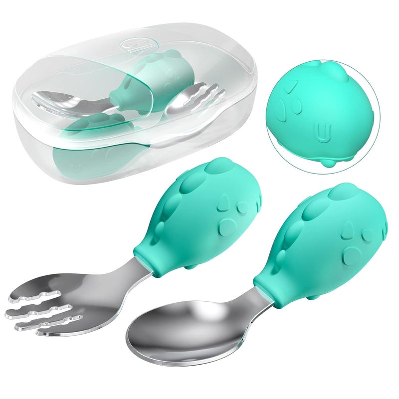 Deejoy Toddler Utensils - Stainless Steel Spoons and Forks, Kids Silverware Self Feeding Flatware Set with Travel Safe Case (Green) - Image 1